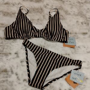 Shade & Shore Black and Tan Striped Bikini 34D/XS(0-2)